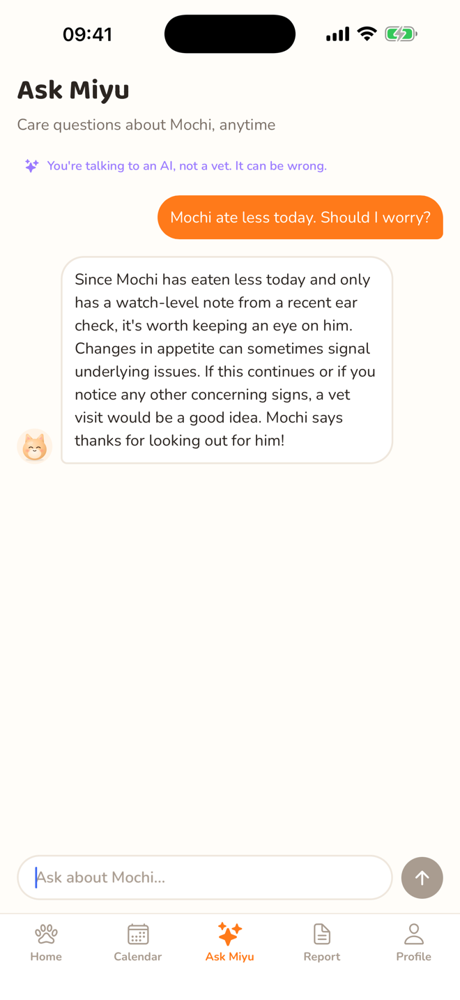 Ask Miyu chat answering a question about Mochi eating less today