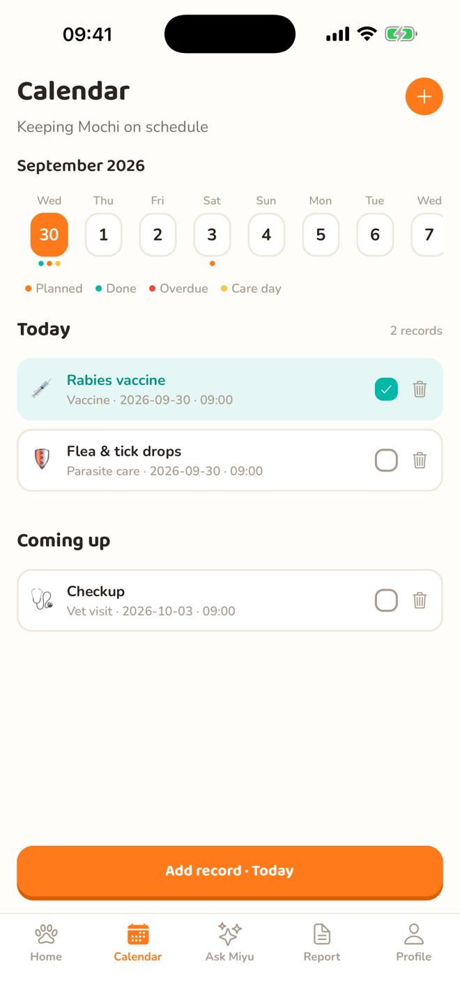 Miyu health calendar with upcoming vaccines and vet visits