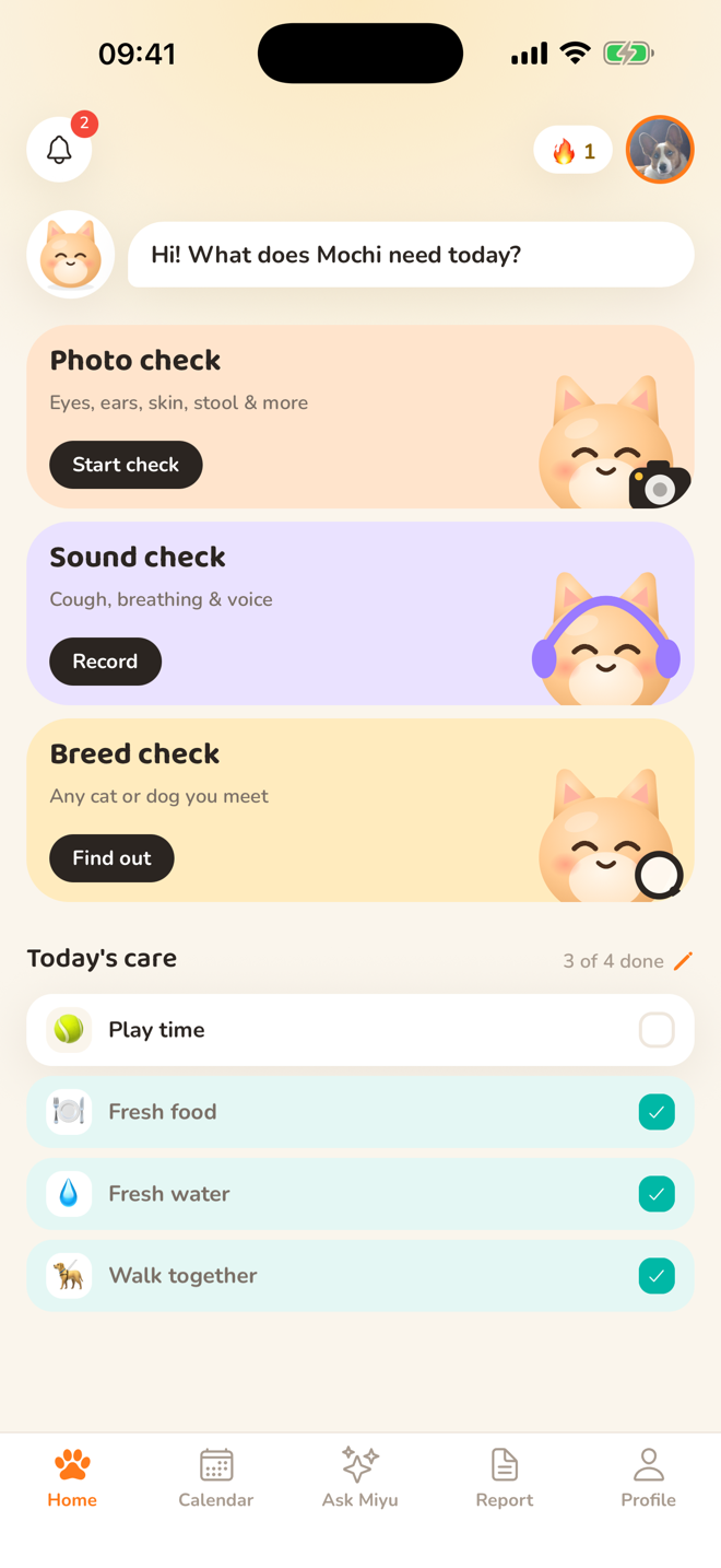 Miyu home screen with photo check, sound check, breed check and today's care list