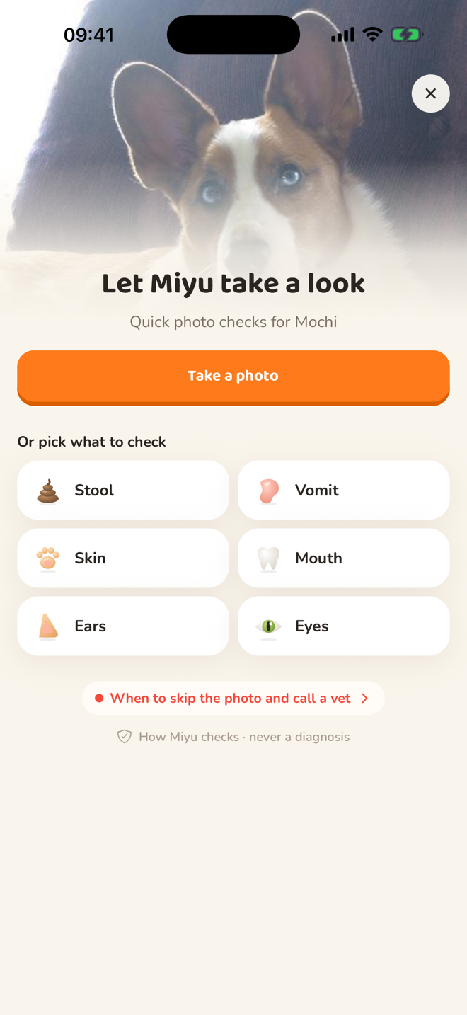 Miyu photo check screen with options for stool, vomit, skin, mouth, ears and eyes