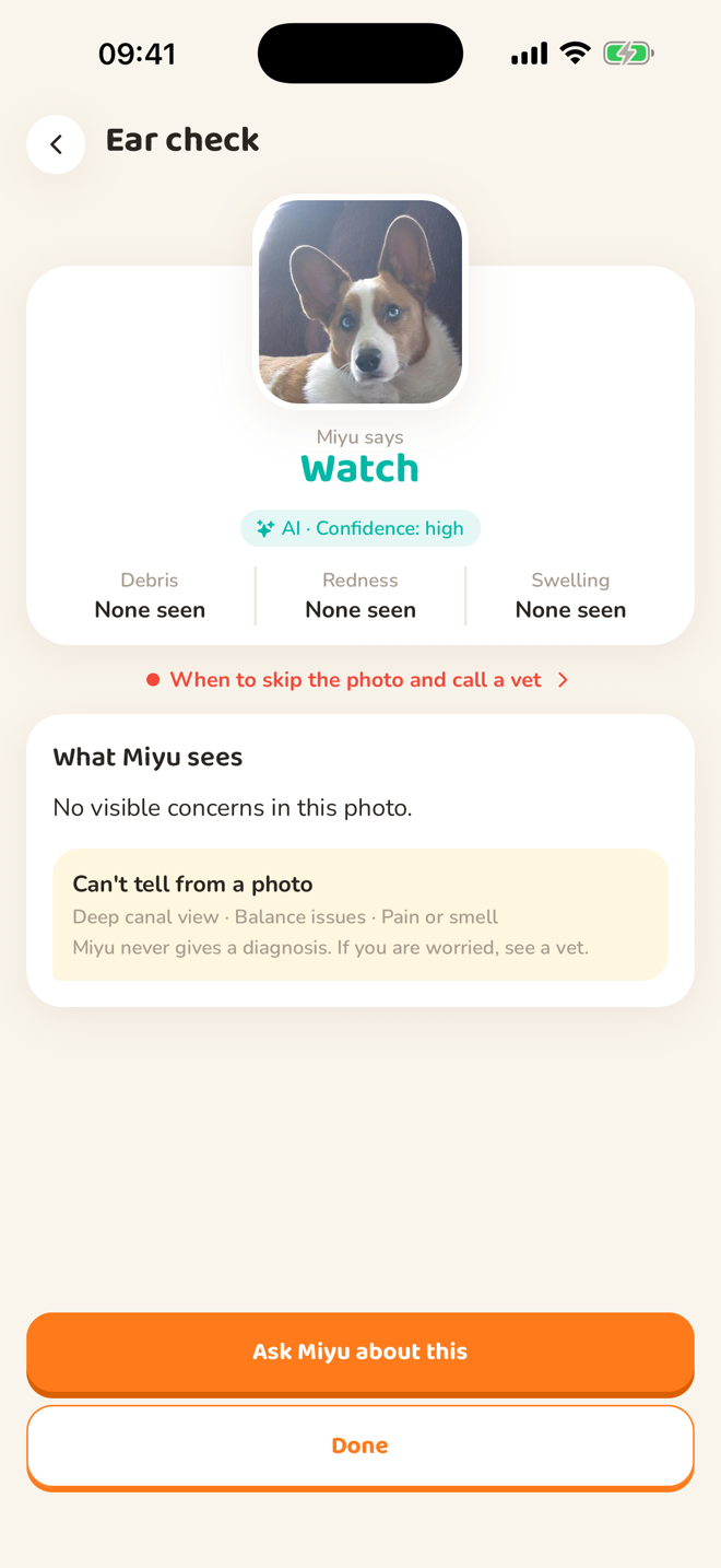 Miyu ear check result for a corgi: care level Watch, no debris, redness or swelling seen